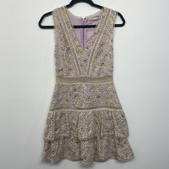 Alice + Olivia Tonie Tiered Floral Mini Dress Purple Women's 0 Eyelet Lace - Picture 8 of 13